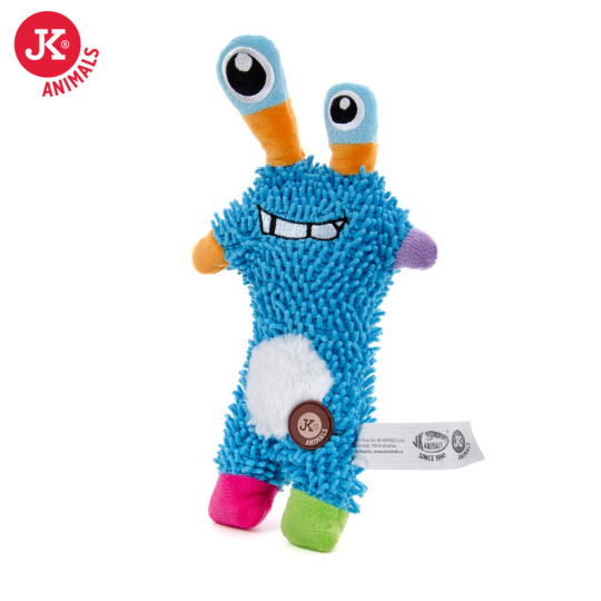 Monster mop modrý, plyšová pískací hračka