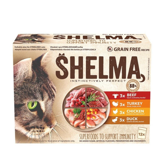 Shelma kapsa pro kočky 12x85g s kuřecím, hovězím, kachním, krůtím
