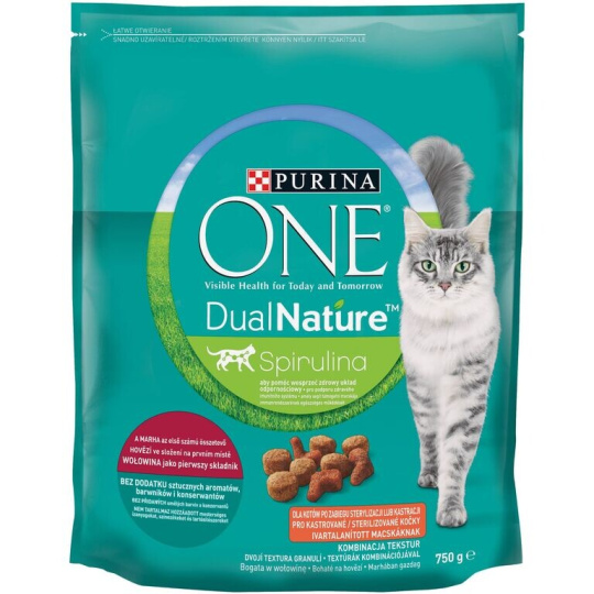 Purina ONE Dual Nature Sterilized 750 g Spirulina s hovězím Purina ONE Dual Nature Sterilized 750 g Spirulina s hovězím