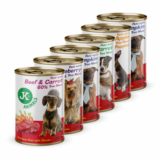 Mix konzerv 5+1, prémiová masová konzerva pro psy, paté(krůta, hovězí, zvěřina, ryba, kachna)
