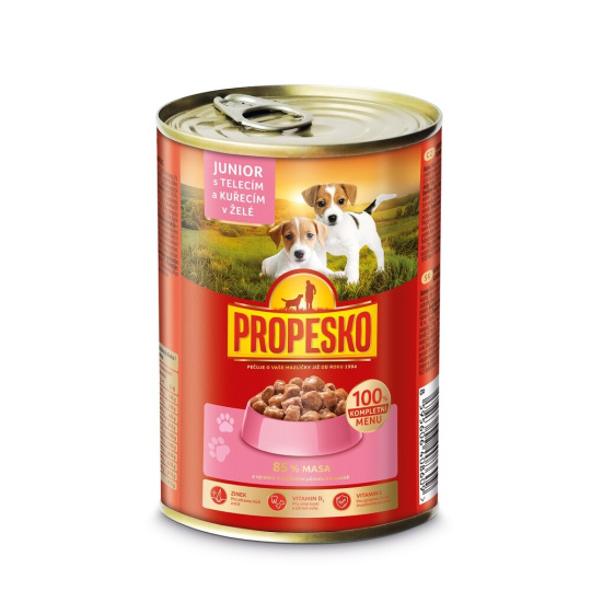 PROPESKO Dog Junior telecí, kuřecí v želé, kousky 415 g PROPESKO Dog Junior telecí, kuřecí v želé, kousky 415 g