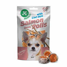 JK ANIMALS Salmon Sushi Rolls, suši rolky s lososem a s kůží z tresky 80g JK ANIMALS Salmon Sushi Rolls, suši rolky s lososem a s kůží z tresky 80g