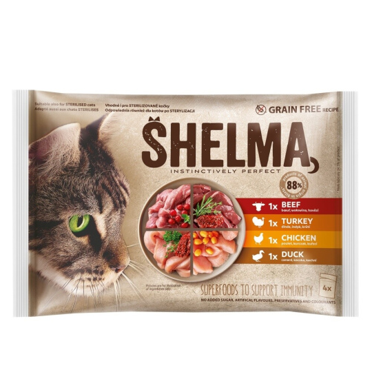 SHELMA Cat kuře, hovězí, kachna a krůta, kapsa 4 x 85 g