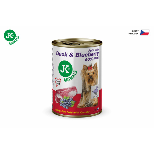 JK Premium Duck &#38; Blueberry, Paté with Chunks, 60 % Meat, kachní s borůvkami, prémiová konzerva pro psy, 400 g