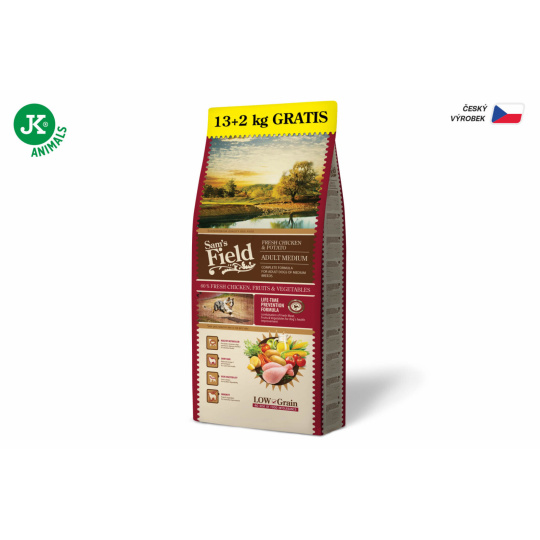 Sams Field Low Grain Adult Medium Chicken / Potato 13kg + 2kg ZDARMA Sams Field Low Grain Adult Medium Chicken / Potato 13kg + 2kg ZDARMA