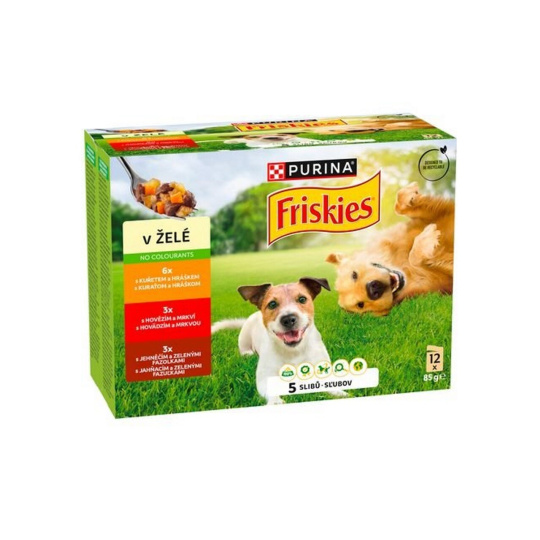 FRISKIES DOG kapsičky 12x85g,hovězí,kuřecí,jehněčí v želé