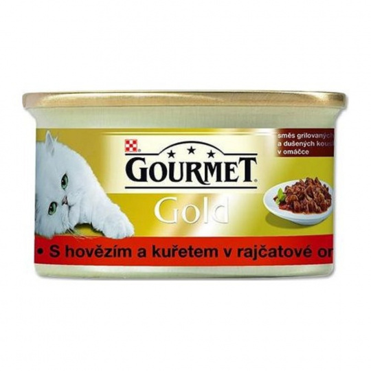 Gourmet  85g gold hovězí+kuře v rajč.omáčce/24ks 