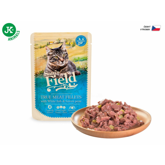 Sams Field True Meat Fillets with White Fish &#38; Green Peas, kapsička pro kočky 85 g